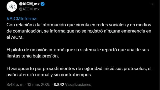 El AICM informó sobre el avión que aterrizó de emergencia. / Captura de pantalla