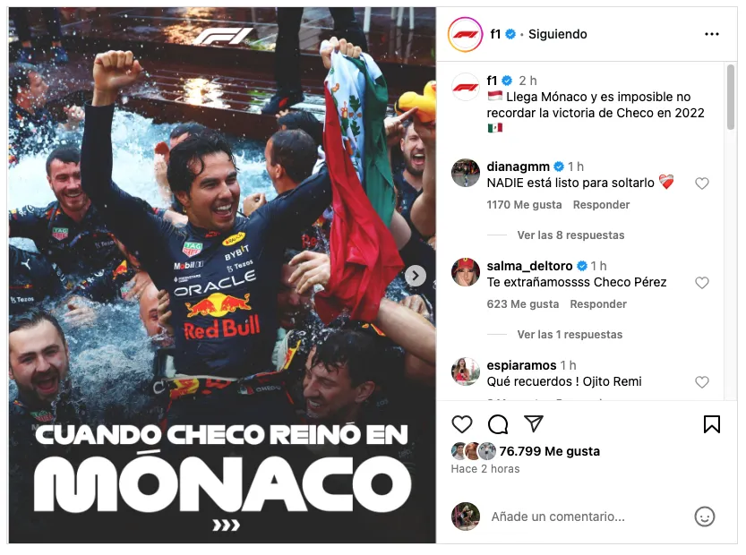 La propia F1 recordó a victoria de Checo hace tres años en Monte Carlo