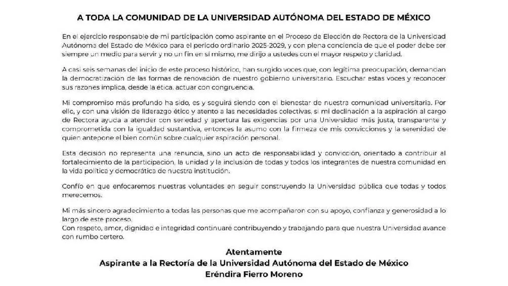Mediante un comunicado, Eréndira Fierro explicó su renuncia/X