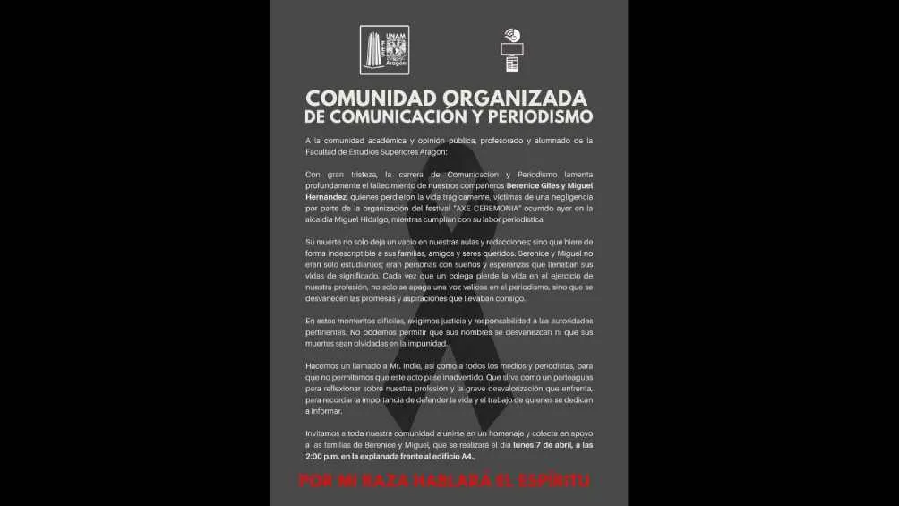 Comunidad estudiantil hará un homenaje a las víctimas en la FES Aragón/X