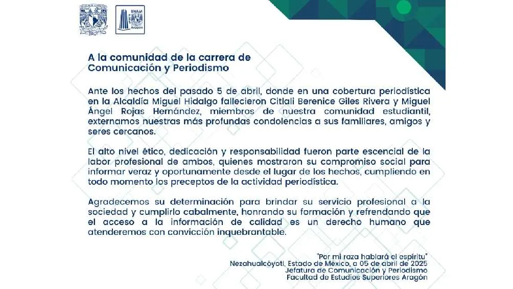 Este es el comunicado que publicó la FES Aragón/X