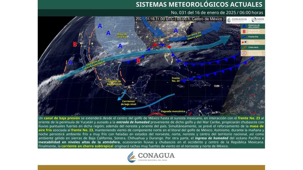 El frente frío No. 23 traerá consigo chubascos para unos estados/Conagua