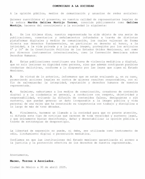 Este fue el comunicado que publicó la conductora / FB: GalileaMontijo