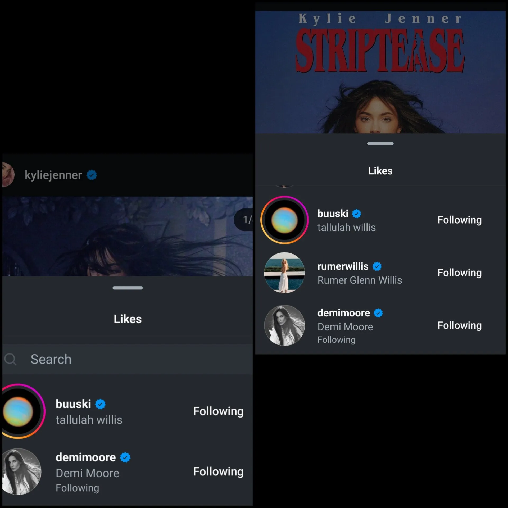 Anteriormente, Demi le ha dado "me gusta" a la foto que recreó Kylie Jenner en honor a la actriz por su portada en Striptease