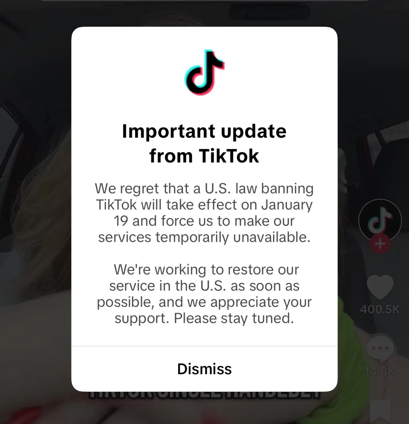 El comunicado compartido por TikTok a los usuarios de Estados Unidos