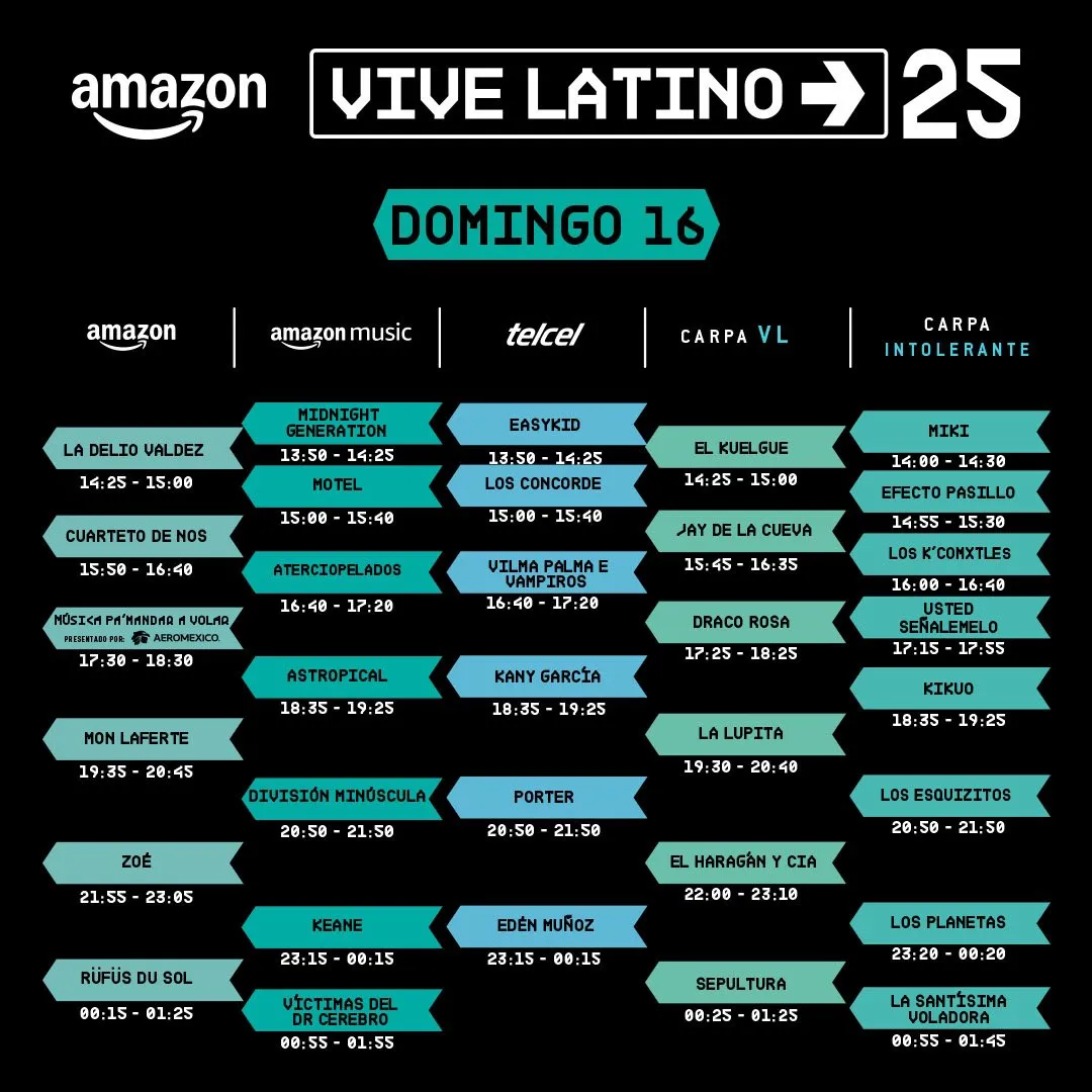 Horarios del Vive Latino para el domingo 16 de marzo 2025. / @amazonmex