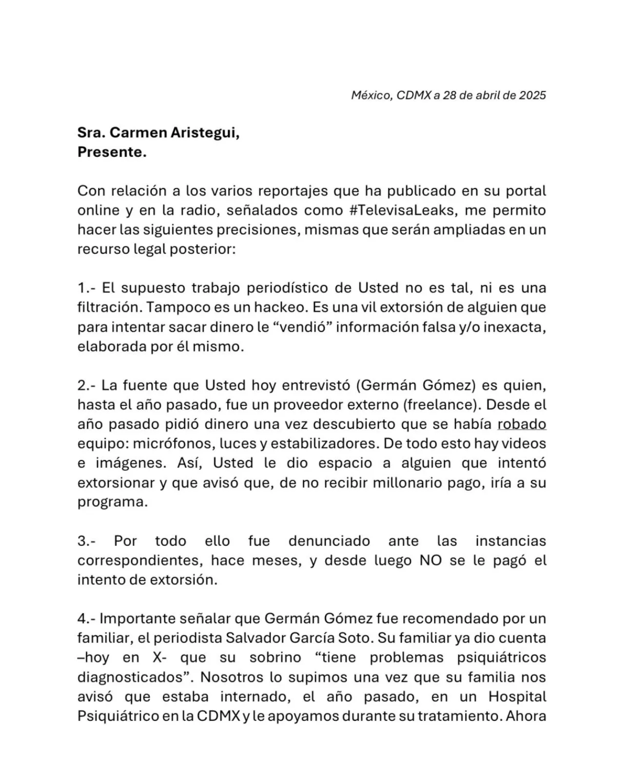 Tejado Dondé respondió con una carta a Carmen Aristegui, en la que niega la veracidad de lo publicado en el portal y en la radio./ X: Javier Tejada