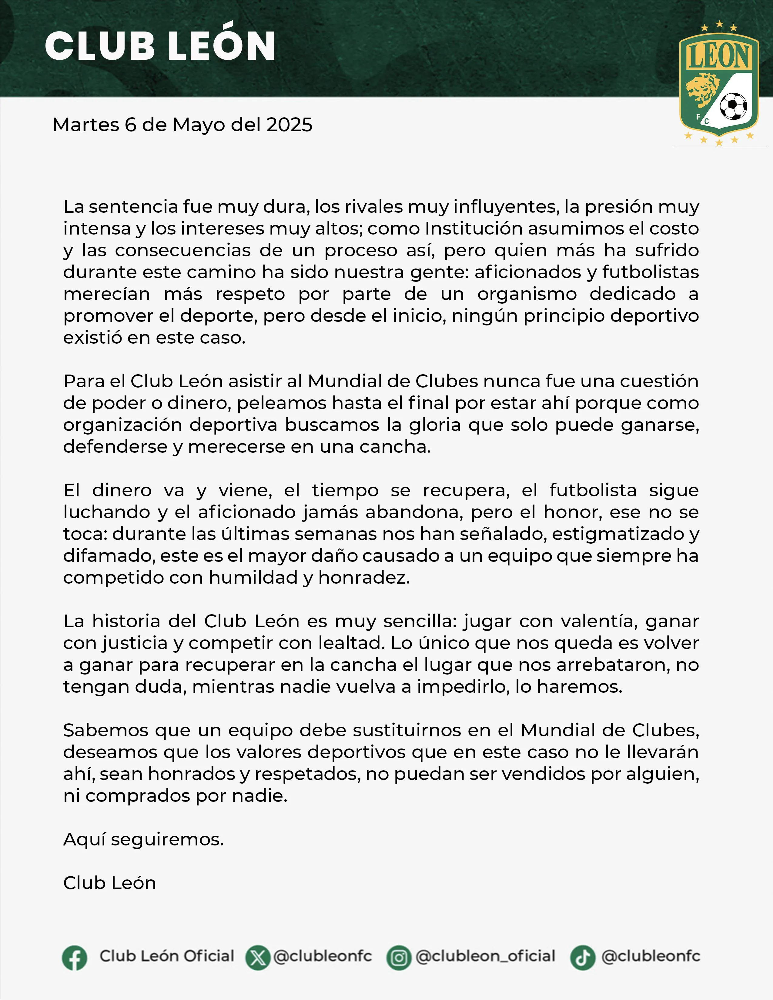 León publicó un comunicado tras quedar fuera del Mundial de Clubes