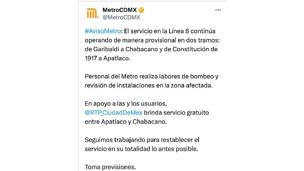 El Metro informó que se brinda servicio provisional por inundaciones en la Línea 8/Metro CDMX