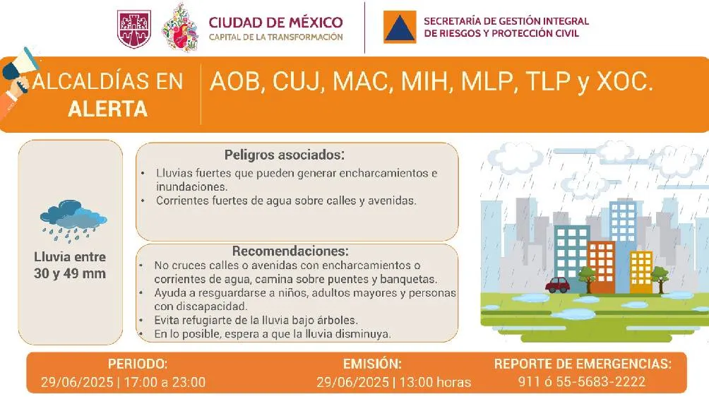 Varias alcaldías están en alerta naranja por lluvias de hasta 49 mm/SGIRPC