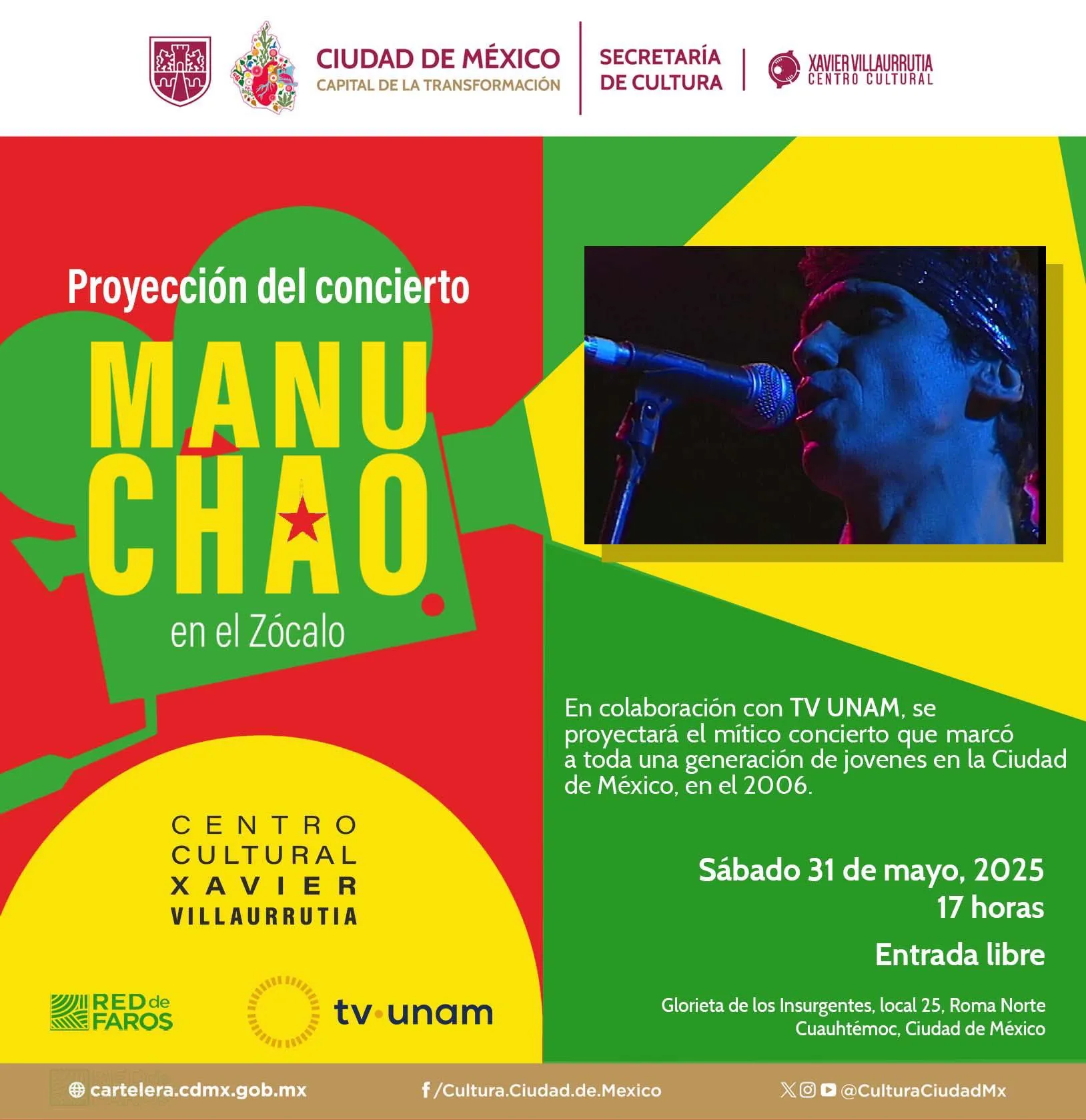 El sábado proyectarán el concierto de Manu Chao en el Zócalo / Redes Sociales