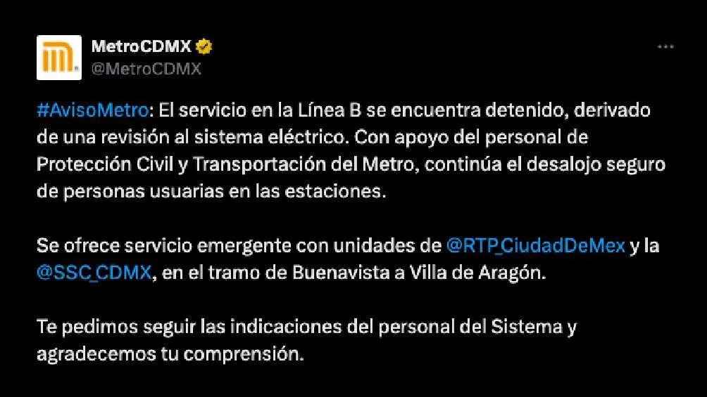 Este fue el mensaje que envió el Metro por redes sociales/X