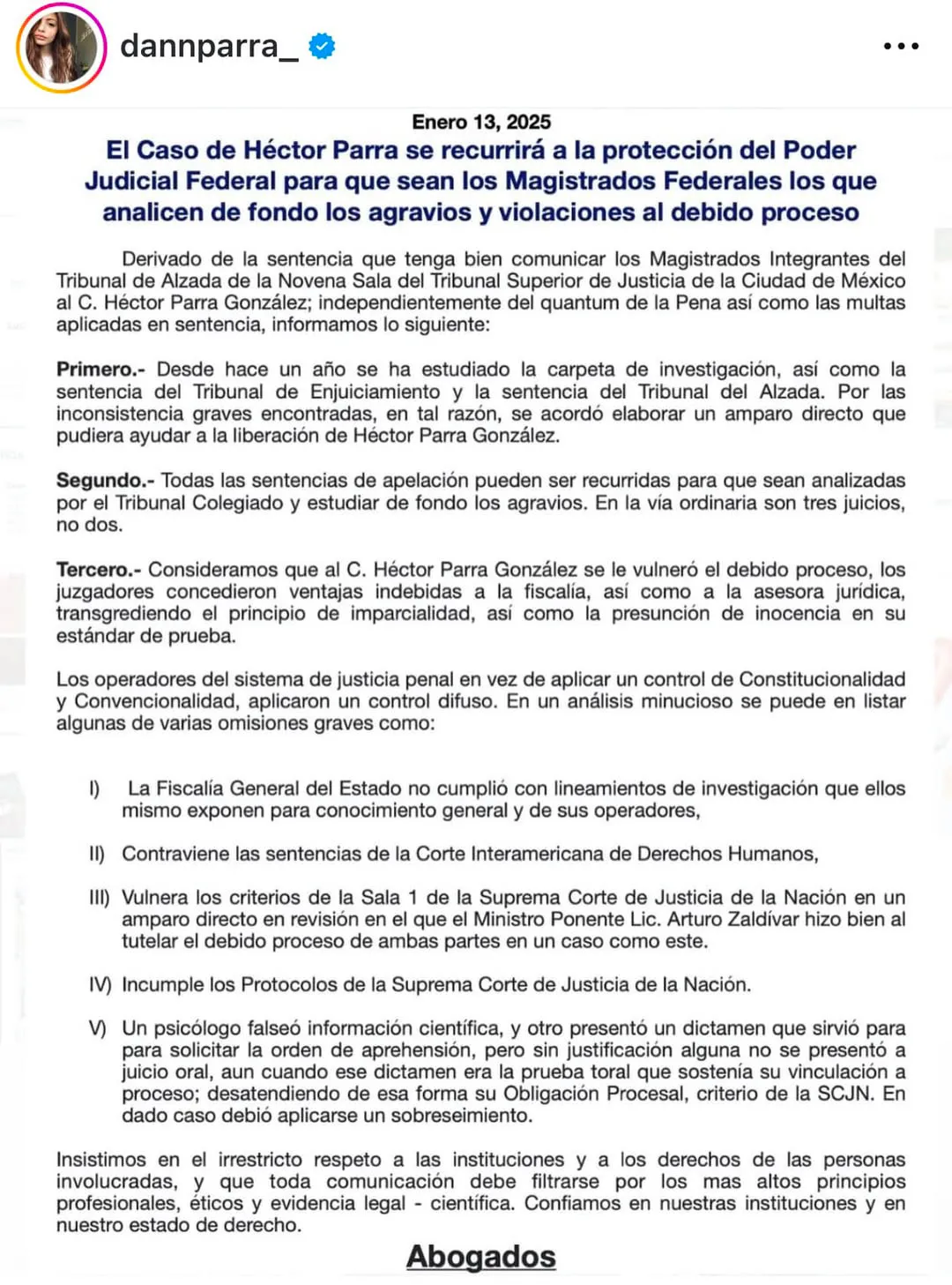 Héctor Parra busca que Magistados analicen su caso a fondo / IG: @dannparra_