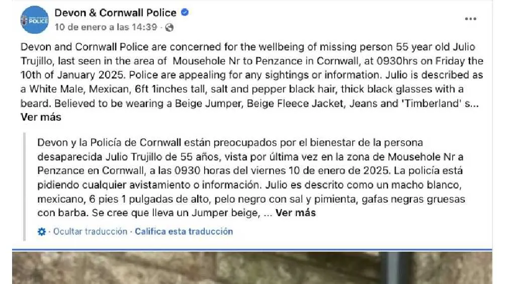 La policía inglesa activó la alerta de búsqueda el 10 de enero/Devon &amp; Cornwall Police