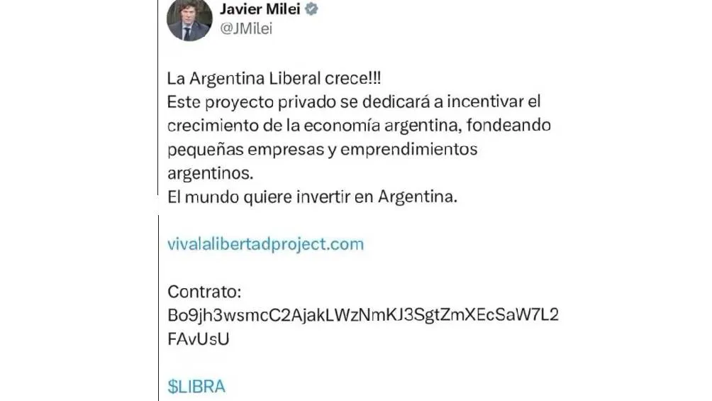 Javier Milei por su promoción de la criptomoneda $LIBRA en su cuenta de X. / Captura de pantalla