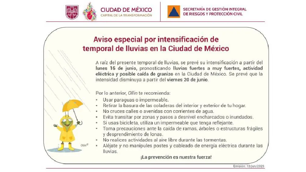 Ollin recomienda a la población seguir medidas preventivas. / X: @SGIRPC_CDMX