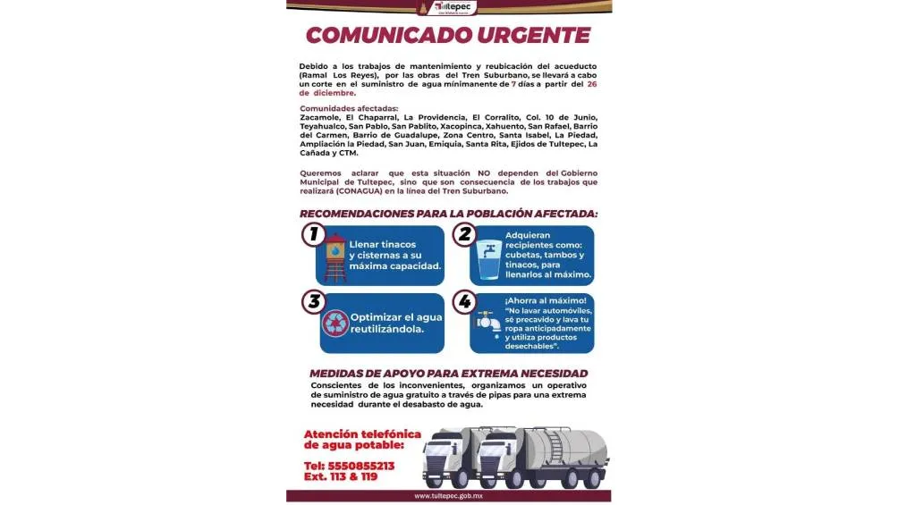 Autoridades emiten recomendaciones ante el corte de agua del EDOMEX. |Tultepec