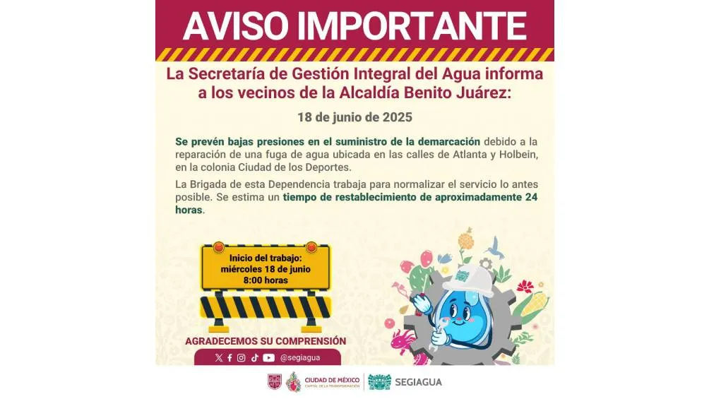 Se prevén bajas presiones en el suministro de la demarcación debido a la reparación de una fuga de agua ubicada en las calles de Atlanta y Holbein, en la colonia Ciudad de los Deportes. /@SEGIAGUA