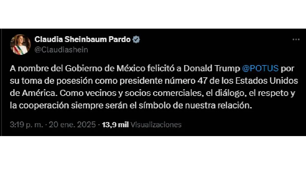 La presidenta felicitó a Trump por su segundo mandato en EE.UU.