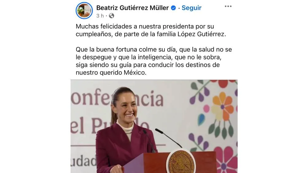 Mensaje de fecilitación por parte de Beatriz Gutiérrez para la presidenta Sheinbaum. / RS