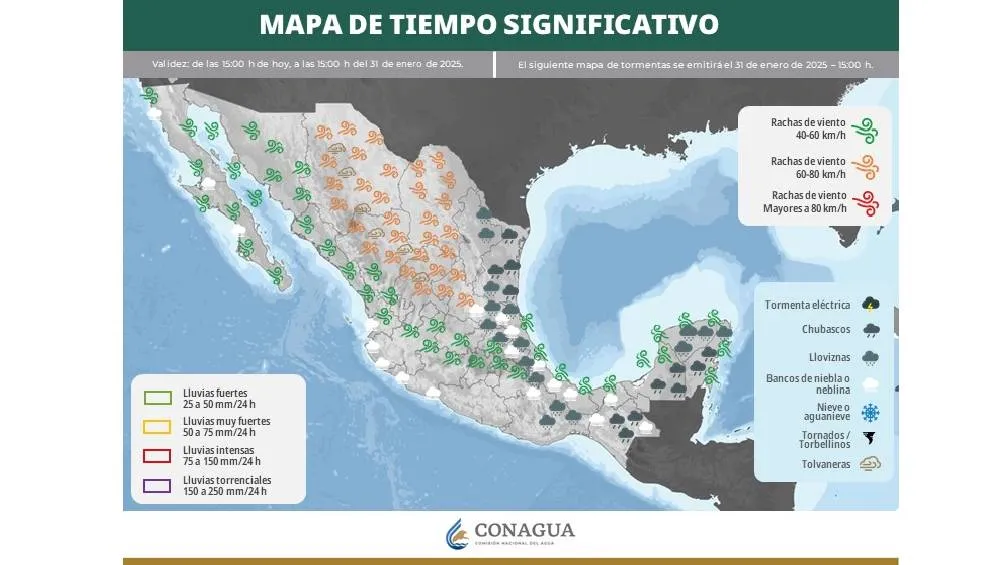 El 31 de enero de 2025, se espera que en el Valle de México haya cielo con nubosidad dispersa y formación de bancos de niebla. | CONAGUA