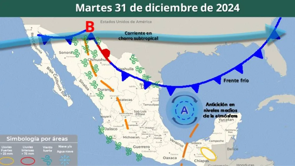 El Meteorológico Nacional anticipa la llegada de un nuevo frente frío entre la noche del 30 y la madrugada del 31 de diciembre.| CONAGUA