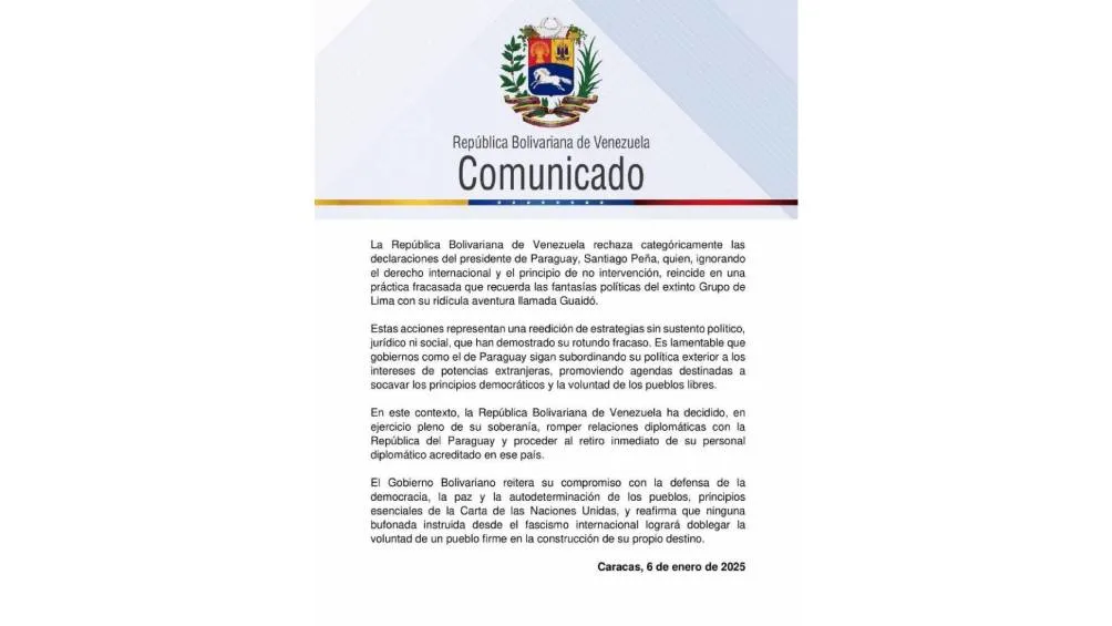 El gobierno de Venezuela rompe relaciones diplomáticas con Paraguay.| Gobierno de Venezuela