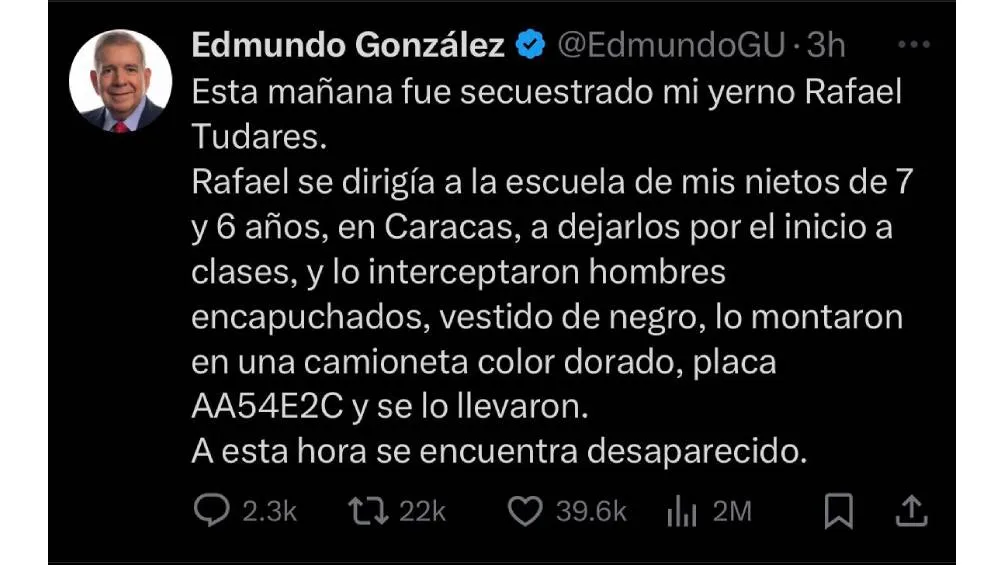 Edmundo González, líder de la oposición venezolana, ha denunciado el secuestro de su yerno.| Captura de pantalla