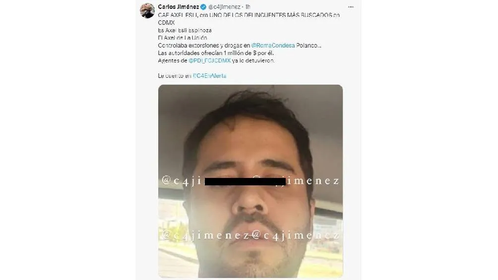 El detenido, Axel Esli &quot;N&quot;, había sido arrestado en 2018, pero fue liberado tras diez meses al pagar una fianza. | C4 Jimenez