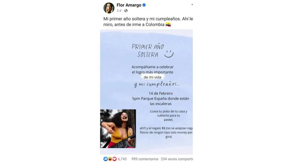 Flor Amargo invita a su celebración por un año soltera el 14 de febrero. | Captura de pantalla