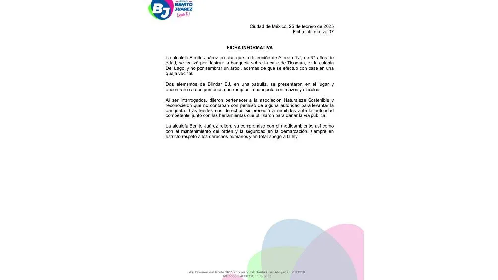 La alcaldía Benito Juárez informó que la detención no fue por plantar un árbol, sino por destruir una banqueta. / X Alcaldía BJ