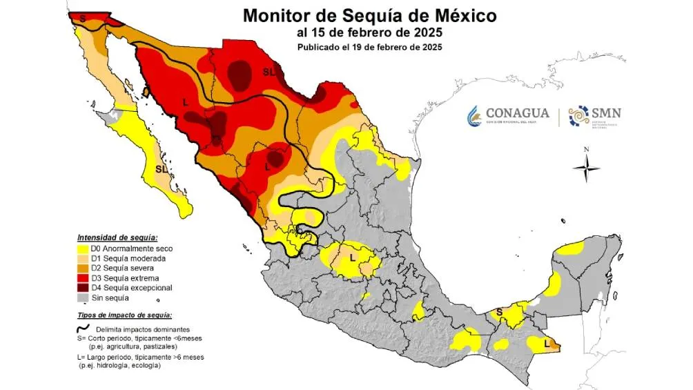 El último informe del Monitor de Sequía de la Comisión Nacional del Agua (Conagua) señala que el 41.8% del territorio mexicano enfrenta escasez de agua. / CONAGUA