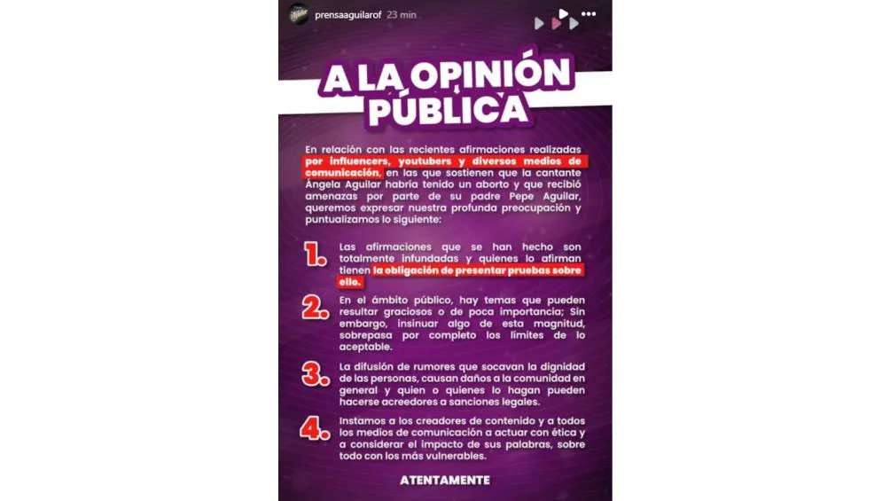 Los Aguilar lazaron un comunicado a las recientes declaraciones sobre el presunto aborto de Ángela Aguilar. / Captura de pantalla