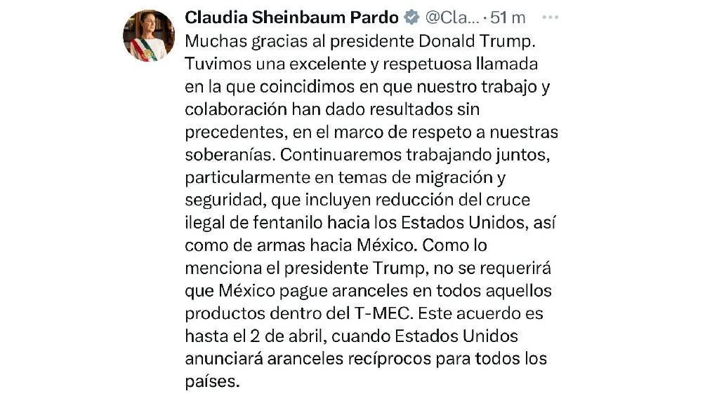 La mandataria agradeció a Trump por la suspensión de aranceles. / X