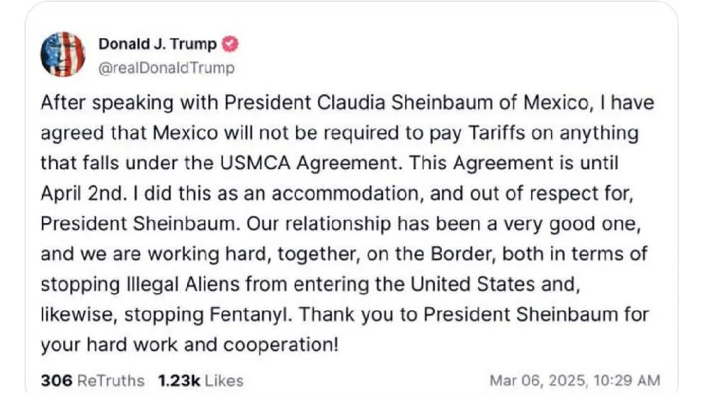 Trump mediante su cuenta de Truth Social reconoció el labor de la presidenta Sheinbaum. / X