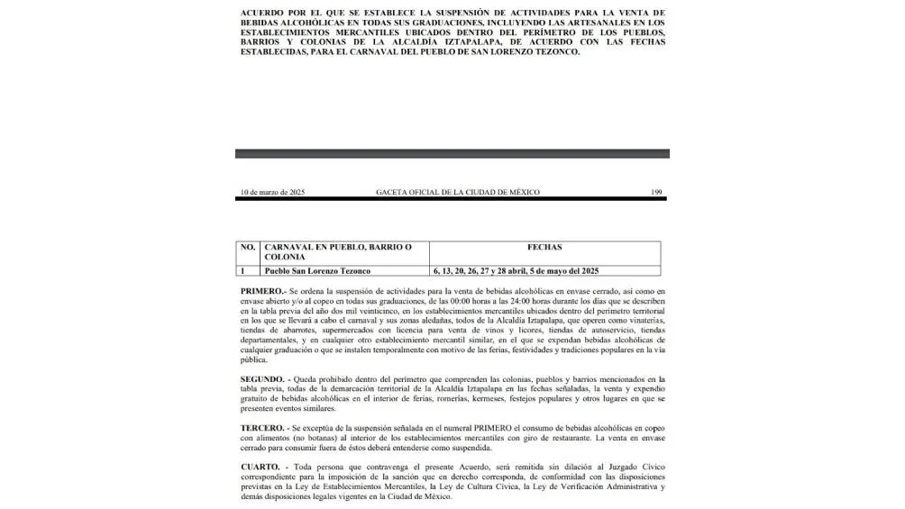 Este lunes 10 de marzo la Gaceta Oficial de la Ciudad de México (CDMX), se ha implementado la ley seca en la alcaldía Iztapalapa de la Ciudad de México. / Gaceta Oficial de CDMX