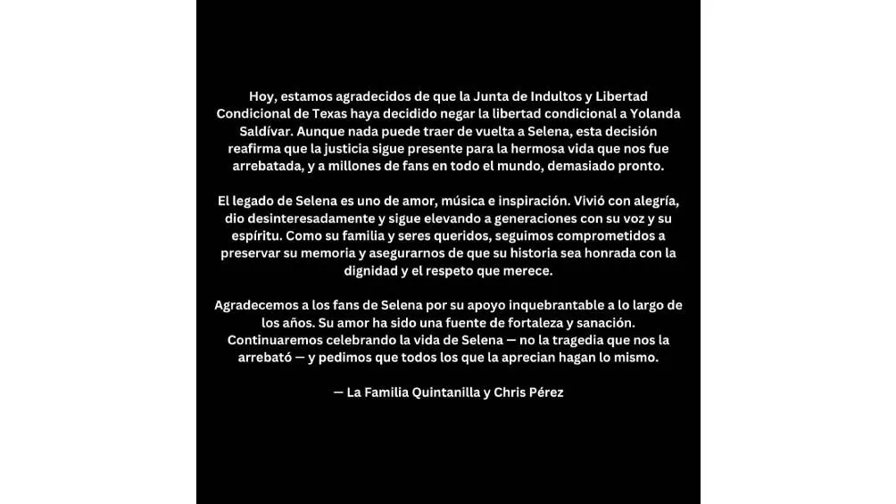 La familia de Selena agradeció la negación de libertad condicional de Yolanda Saldívar. / IG