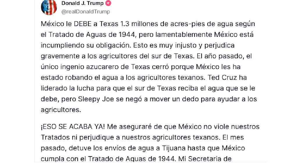 El presidente de EE. UU., Donald Trump, ha aumentado la presión sobre México con amenazas de aranceles y sanciones por el incumplimiento del Tratado de Aguas de 1944. / Captura de pantalla