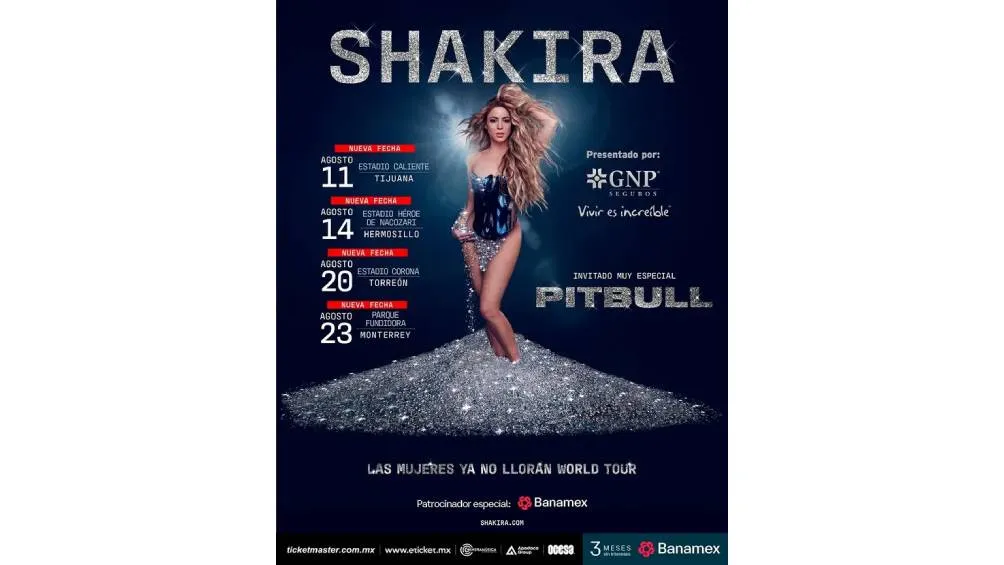 Shakira regresará a México en 2025 con su gira mundial &quot;Las mujeres ya no lloran&quot;, acompañada por Pitbull. / OCESA