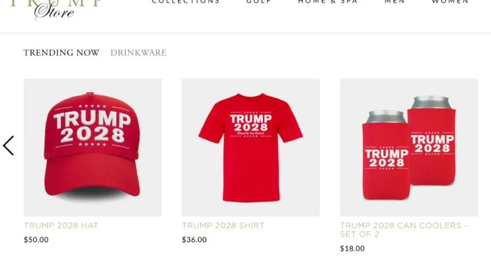 Donald Trump, ha introducido una línea de productos promocionales bajo el lema “Trump 2028”. / Captura de pantalla