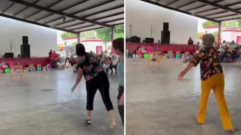 El reto consistió en que las mamás lanzaran su chancla para derribar premios en un festejo escolar./ Captura de pantalla