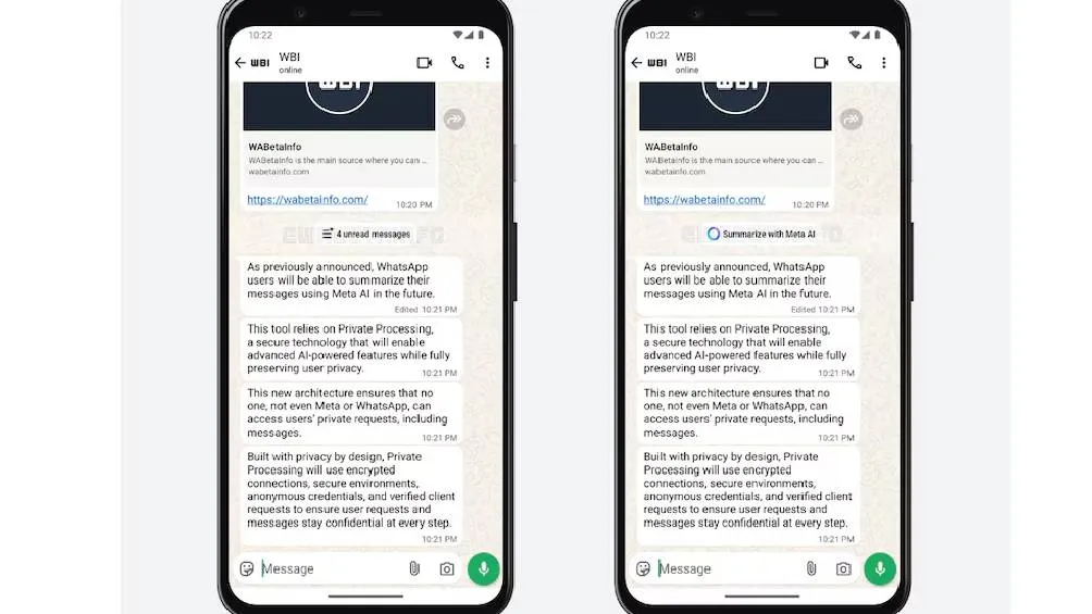 Al pulsar el botón, la inteligencia artificial crea un resumen privado de los mensajes recientes. / WaBetaInfo