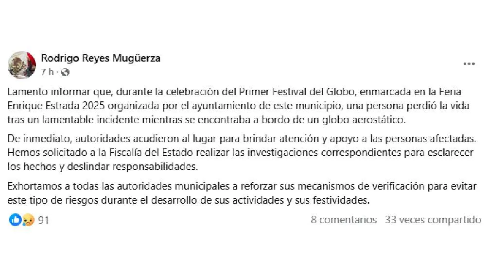 El Secretario General de Gobierno del Estado de Zacatecas, Rodrigo Reyes Mugüerza, ha confirmado el fallecimiento. / Captura de pantalla