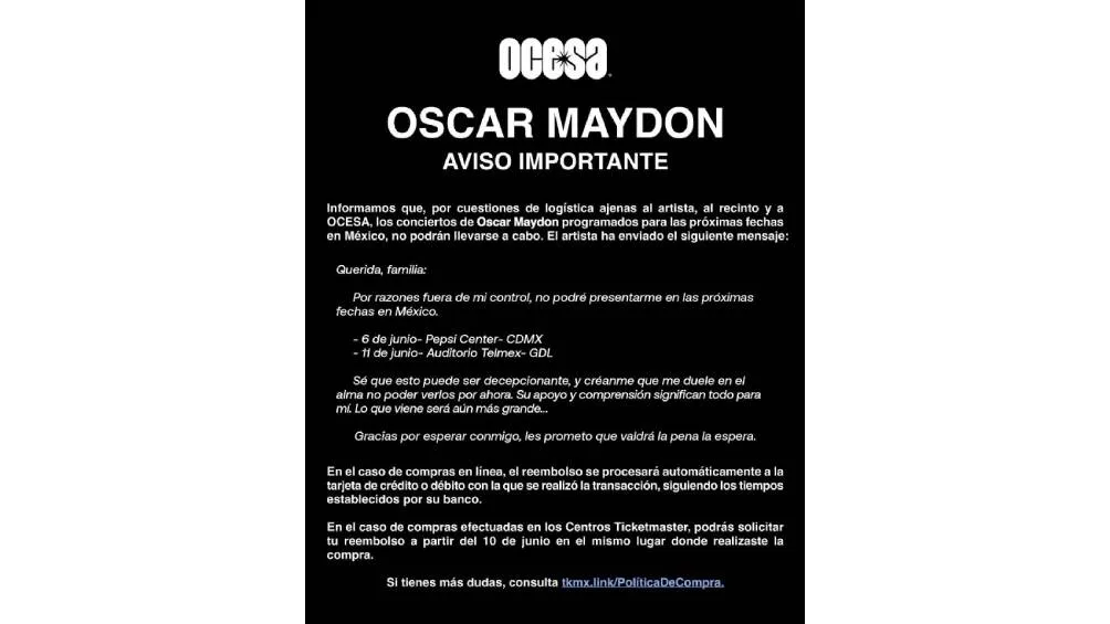 A través de un comunicado difundido por Ocesa, el cantante canceló el concierto. / OCESA