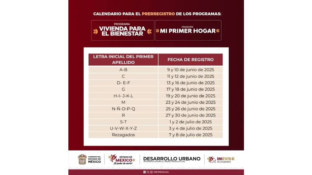 El prerregistro se realizará de forma escalonada, asignando fechas específicas según la letra inicial del primer apellido. / @IMEVISedomex