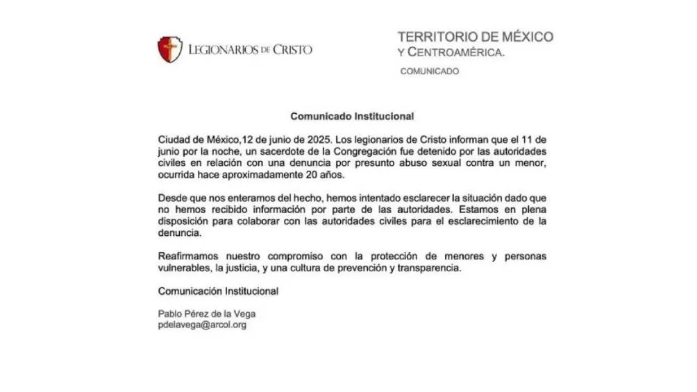 La congregación religiosa informó sobre la suspensión del sacerdote desde 2020. / Captura de pantalla