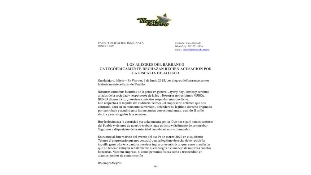 El grupo niega recibir &quot;dinero ilícito&quot; y afirma que sus ingresos provienen de actividades legales. / Los Alegres del Barranco