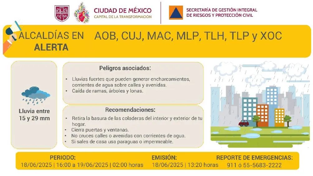 El aviso abarca desde la tarde del miércoles 18 de junio hasta la madrugada del jueves 19. / SGIRPC