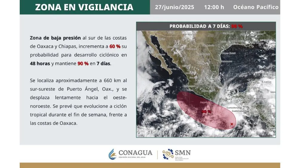 La posible formación del ciclón tropical Flossie frente a Oaxaca podría generar lluvias fuertes y tormentas en el sureste del país este fin de semana. | X: @conagua_clima