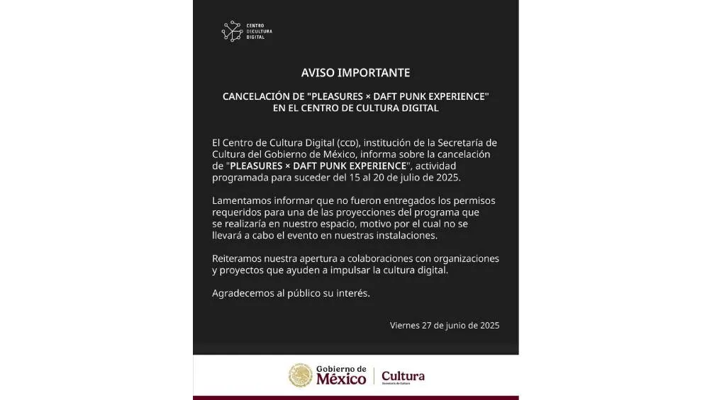 Cancelan la experiencia inmersiva PLEASURES x Daft Punk en CDMX por falta de permisos | IG: @ccdmx